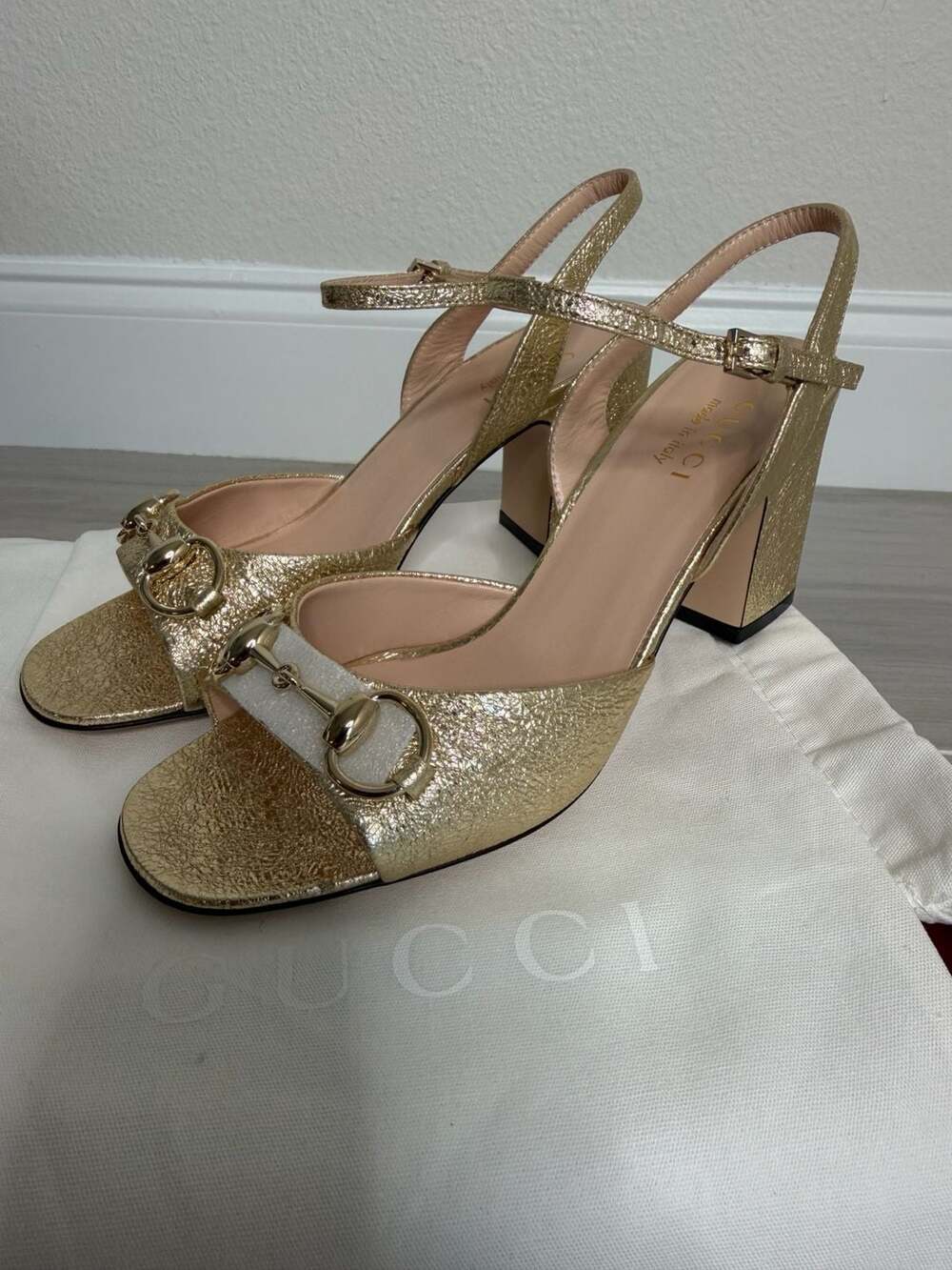 Gucci Galassia Horsebit Metallic Platino Block Heel Sandals - Picture 3 of 11